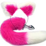 Anal Plug Fox Tail With Ear 15.74-Inch-Long Sexual Anus Tail Butt Plug For Cosplay Game Rose Red & White Sex Toy For Women Men