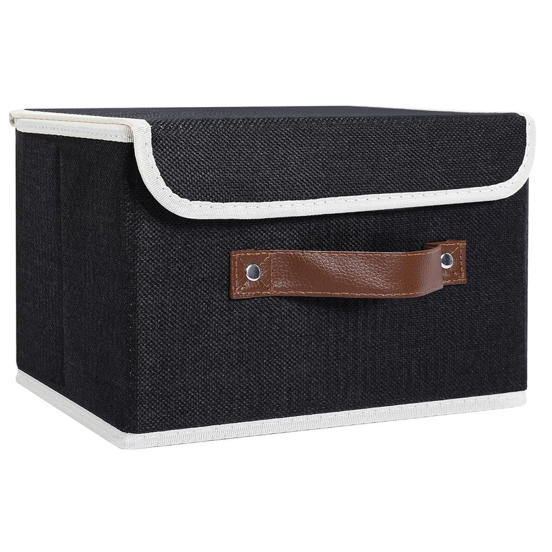 Fabric Storage Bin With Lid Pu Leather Handle Foldable Cotton Linen Storage Bask