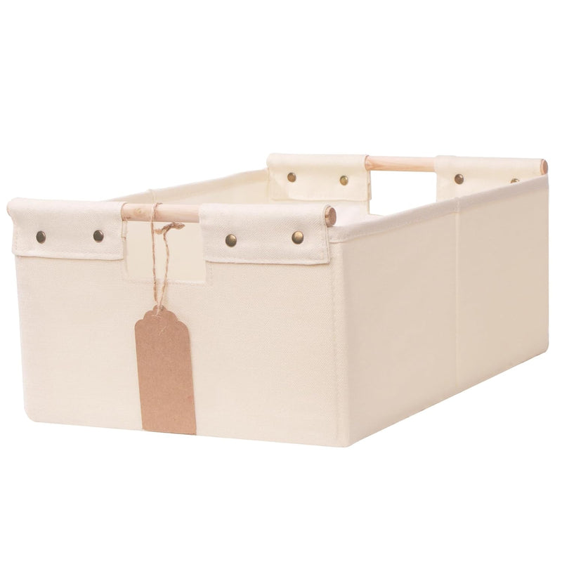 Fabric Storage Bin Cotton Linen Storage Basket Box With Wooden Handles Label Tag