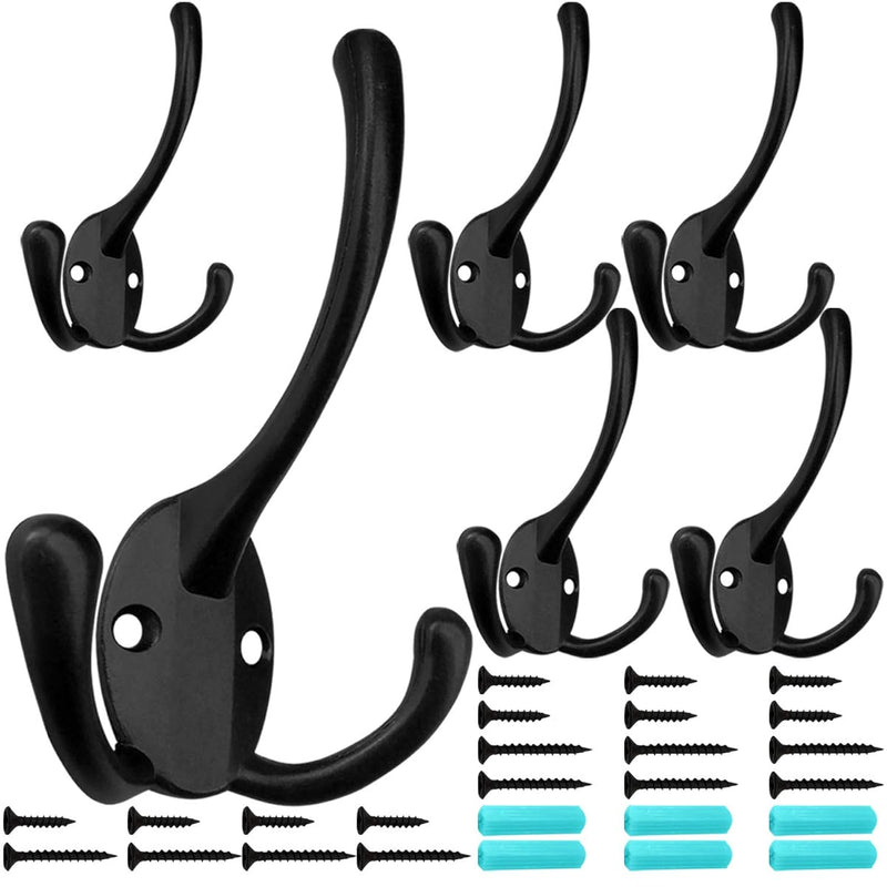 6 Pack Big Heavy Duty Three Prongs Coat Hooks Wall Mounted With 24 Screws (Two T