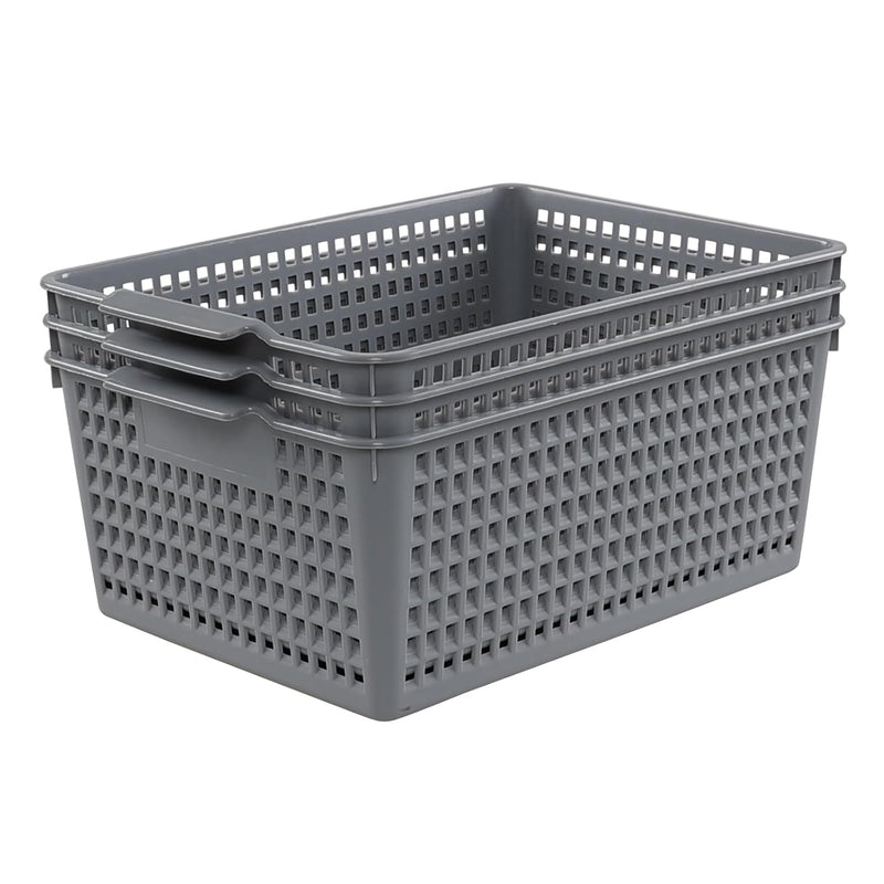 3-Pack Grey Storage Baskets, Large Plastic Organizer Baskets