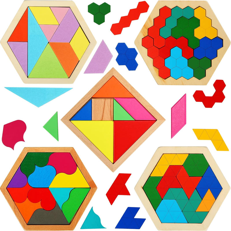 5 Pack Wooden Hexagon Puzzle for Kid Shape Pattern Block Brain Teaser Puzzl