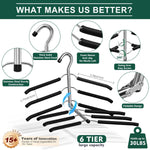 Clothes Hangers Space Saving - 6 Tier Coat Hangers Space Saving Hangers Non Slip Foam Padded Hangers, 2 Pack Black Metal Sweater T Shirt Hangers for Men Women, Closet Organizers and Storage