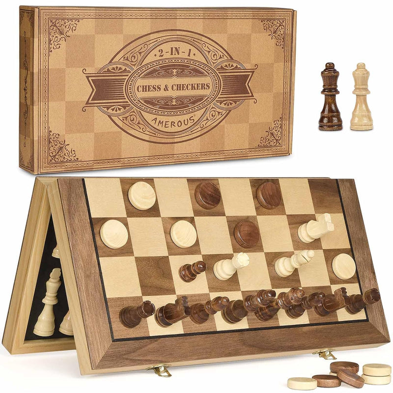 AMEROUS 15'' Magnetic Wooden Chess & Checkers Game Set -2 Extra Queens -24