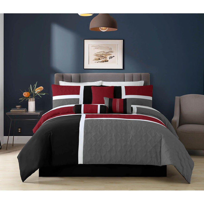 7-Piece Quilted Patchwork Comforter Set, Red/Gray/Black, King