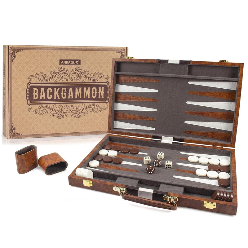 AMEROUS Backgammon Set, 15 Inches Classic Board Game with Leather Case, Fol