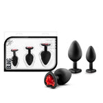 Blush Luxe Bling Silicone Anal Training Plug Kit, 3-Pc Set - Heart-Shaped Base & Red Gem - S, M, L Size Bum Plug | Satin Smooth Ultrasilk Platinum-Cured Beginner Butt Plug For Women & Couples (Black)