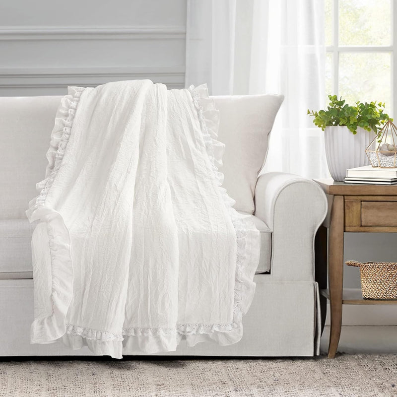 Ella Shabby Chic Ruffle Lace Blanket, 60" X 50", White