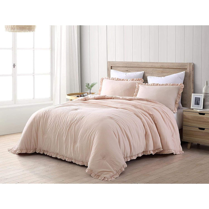 Nora 3-Piece Ruffled Edge Trim Soft Washed Microfiber Comforter Set (Queen, Bl