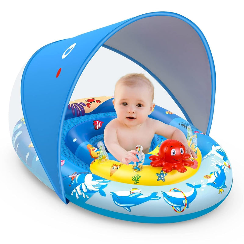 Baby Pool Float With Canopy Upf50+ Sun Protection, Inflatable Kids Pool Flo