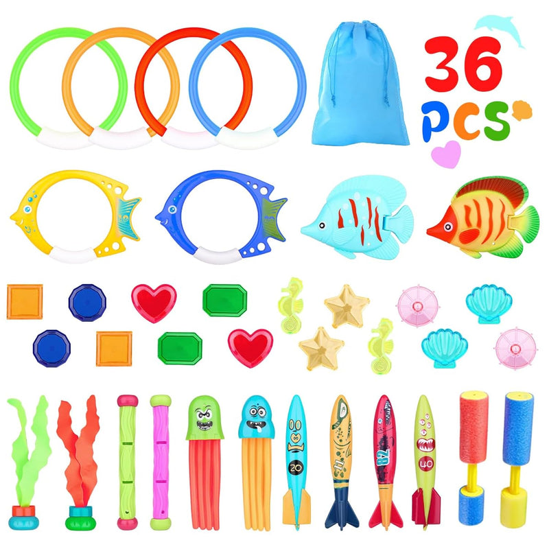 36Pcs Pool Toys For Kids Ages 3 12, Pool Diving Toys Sets With Torpedoes, S