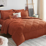 Queen Comforter Set With Sheets 7 Pieces Bed In A Bag Burnt Orange All Season Bedding Sets With Comforter, Pillow Shams, Flat Sheet, Fitted Sheet And Pillowcases