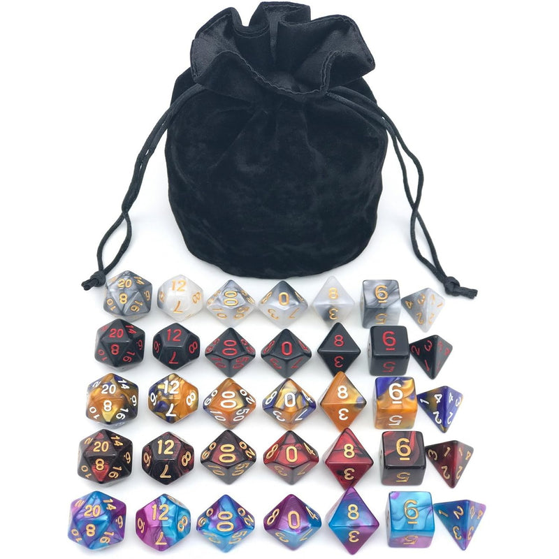 Assorted Polyhedral Dice Set With Black Drawstring Bag, 5 Complete Dice Set