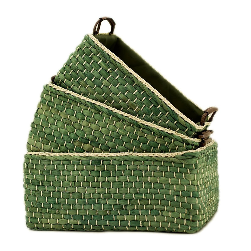 Baskets Woven Maize Storage Bins Set Of 3,. (Green,Rectangular)