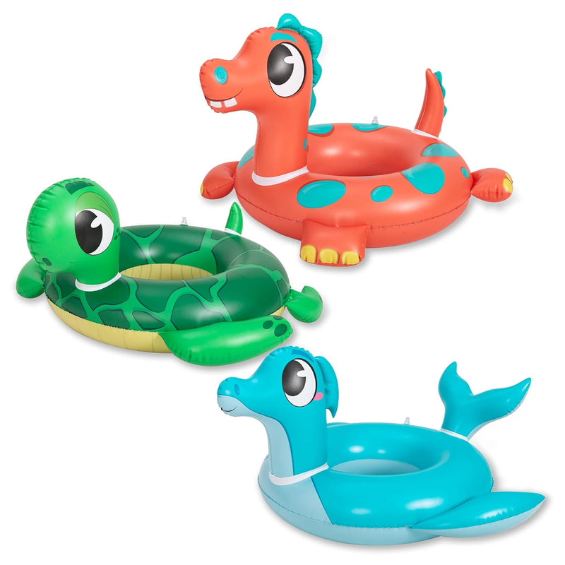 32" 3 Pack Inflatable Pool Tubes Pool Floats, Dinosaur & Sea Turtle & Dolph
