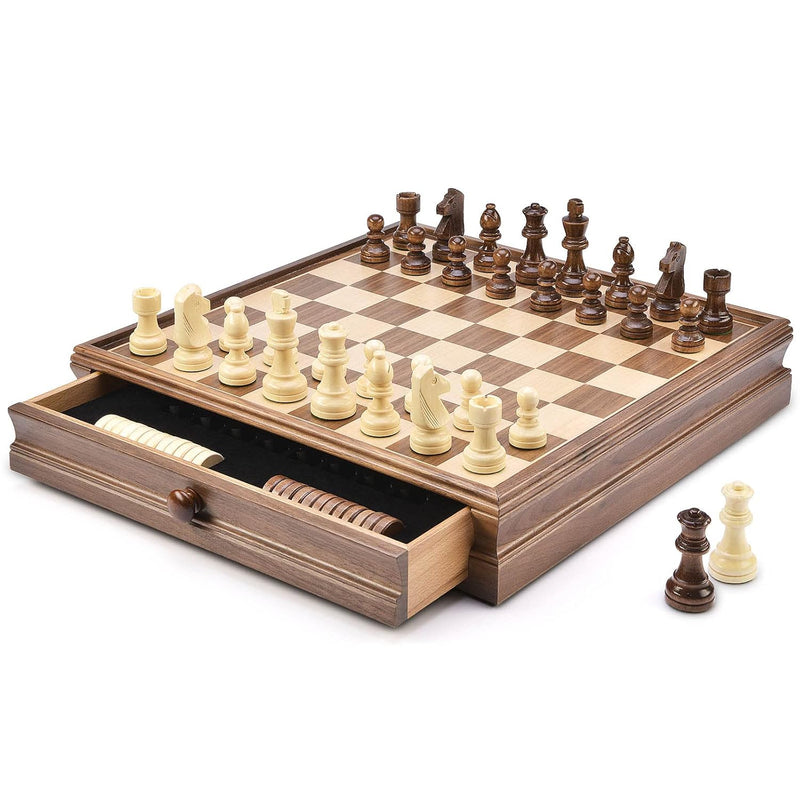 AMEROUS 15" x 15" Wooden Chess & Checkers Set with Built-in Storage Drawers