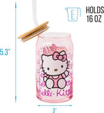 Sanrio Hello Kitty Waving Pink Glass Jar Tumbler with Bamboo Lid and Glass Straw, 16 Ounces