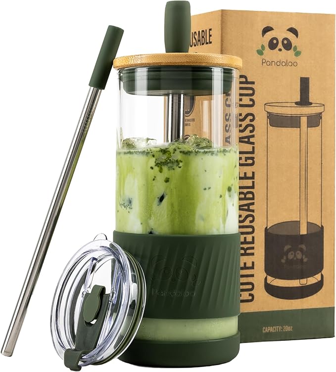Glass Cups With Lids and Straws -20 Fl Oz- Perfect Size Iced Coffee Cup - Smoothie Cup With Bamboo Lid and On the go Lid - Glass Tumbler With Straw (1 Count (Pack of 1), Mediterranean Olive)