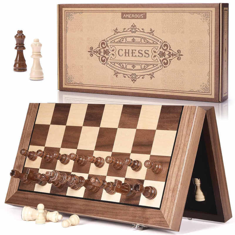 AMEROUS 15 Inches Magnetic Wooden Chess Set with 2 Extra Queens/Folding Boa