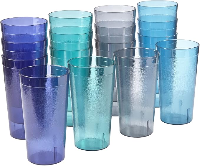 Cafe Plastic Reusable Tumblers (Set of 16) 20-ounce Water Cups Coastal Colors | Restaurant Style Drinking Glasses Value Set, Stackable, BPA-free, Made in the USA | Top-rack Dishwasher Safe