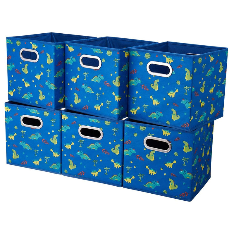 6 Cube Storage Bins Blue 10.5X10.5X11 Inch Foldable Dinosaur Coastal Print Fabri