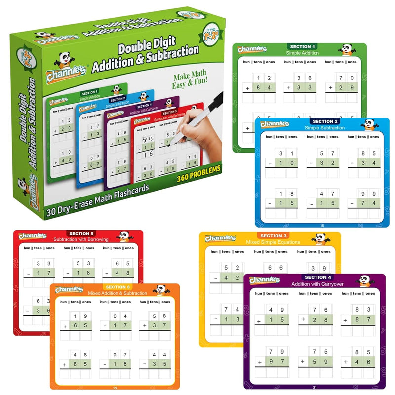 Channie’S Double Digit Addition And Subtraction Flash Cards, 30 Dry Erase E