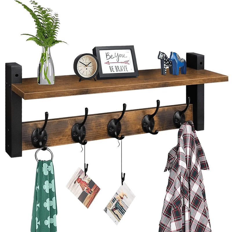 Wall Hooks With Shelf, Wood Coat Rack With Shelf Wall-Mounted, Entryway Hanging