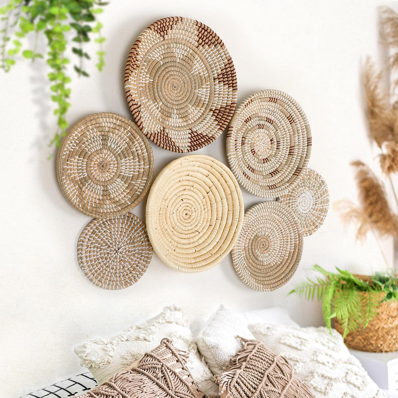 Boho Wall Basket Decor - Set Of 7 Handcrafted Woven Hanging Art