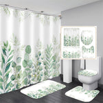 Green Leaves Shower Curtain Sets with Non-Slip Rug, Toilet Lid Cover and Bath Mat, Plant Leaves Shower Curtain Sets with 12 Hooks, Shower Curtain for Bathroom Set Decor