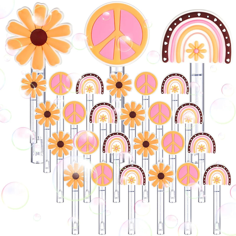 24 Pcs Groovy Hippie Mini Bubble Wand For Kids Boho Rainbow Daisy Peace Sig