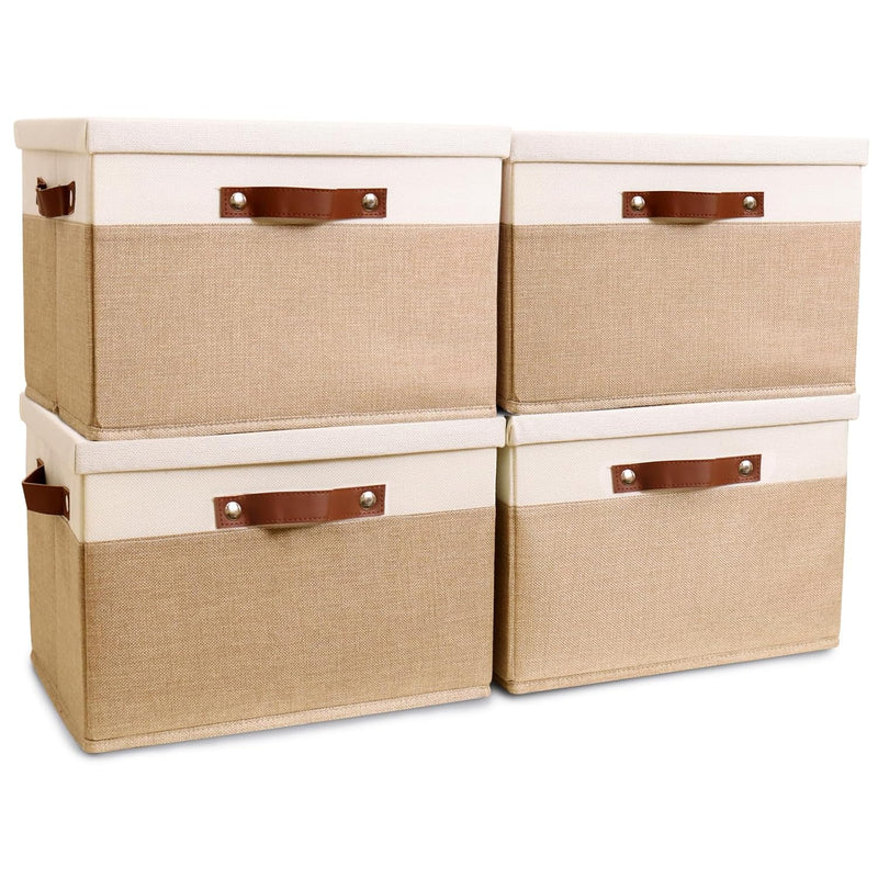 Fabric Storage Bin With Lid And 2 Bold Handles, Collapsible Large Canvas Storage