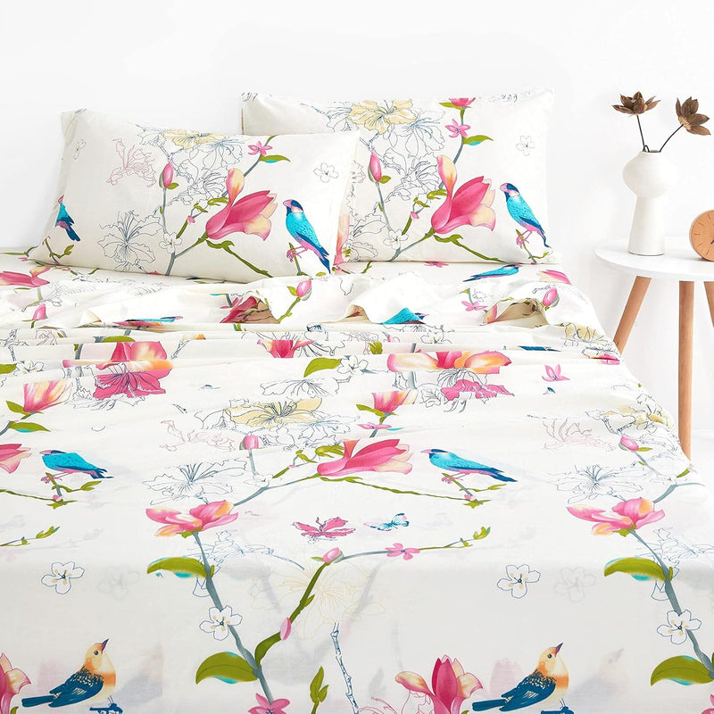 - Floral Sheet Set, 100% Cotton Bedding, Botanical Flowers And Birds Pattern P