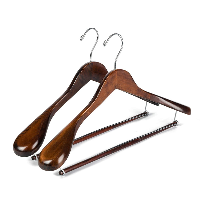 Luxury Wide Shoulder Wooden Hangers 2 Pack, With Locking Bar, Smooth Retro Finis