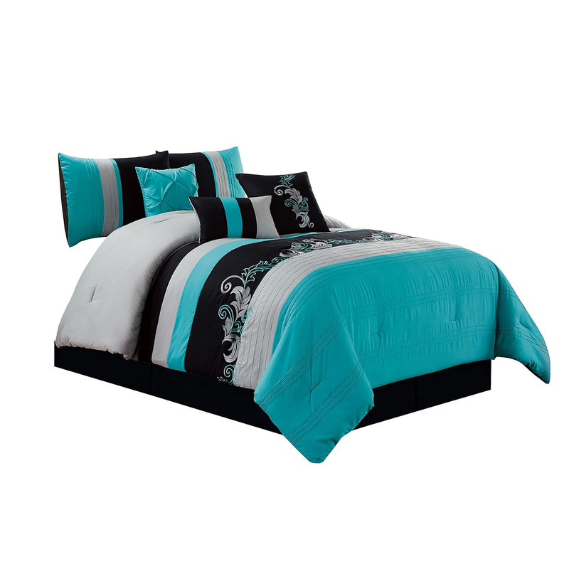 Napa 7-Piece Luxury Leaves Scroll Embroidery Bedding Comforter Set (Full, Teal