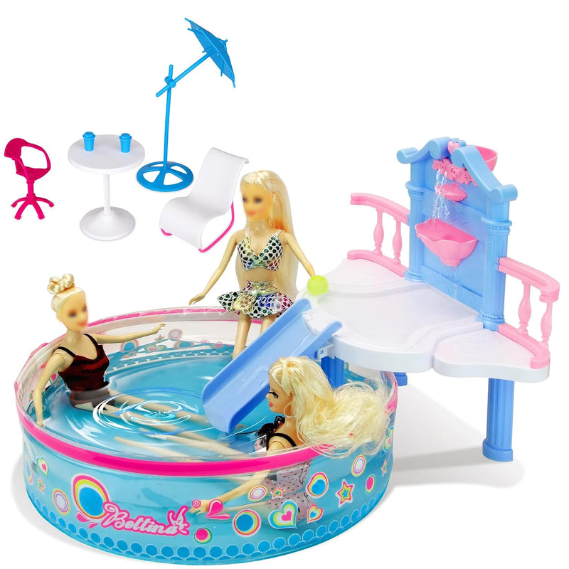 Glam Pool Playset, Deluxe Doll Pool With 7 Pcs Pool Accessories, Fits Dolls
