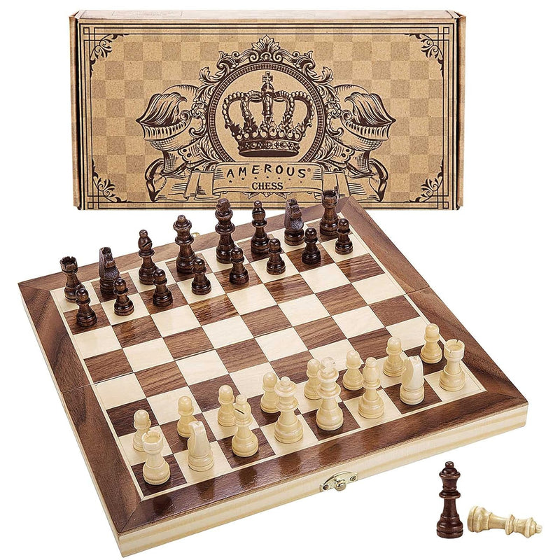 AMEROUS 12" x 12" Magnetic Wooden Chess Set for Kids and 6 up Age, 2 Bonus