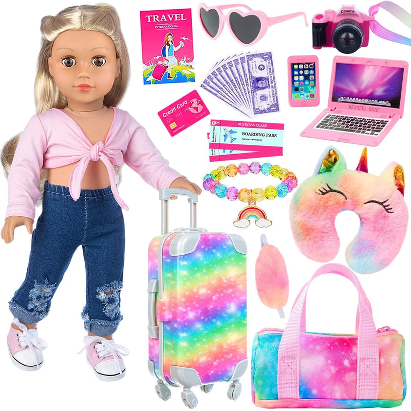23 Pcs American 18 Inch Doll Accessories Suitcase Luggage Travel Set Rainbo