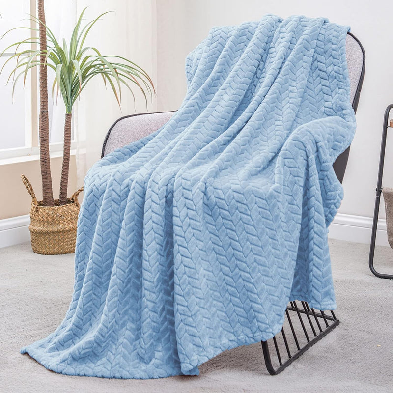 Large Flannel Fleece Throw Blanket, 50X70 Inches Soft Jacquard Weave Leaves Pattern Blanket For Couch, Cozy, Warm, Lightweight And Decorative Baby Blue Blanket