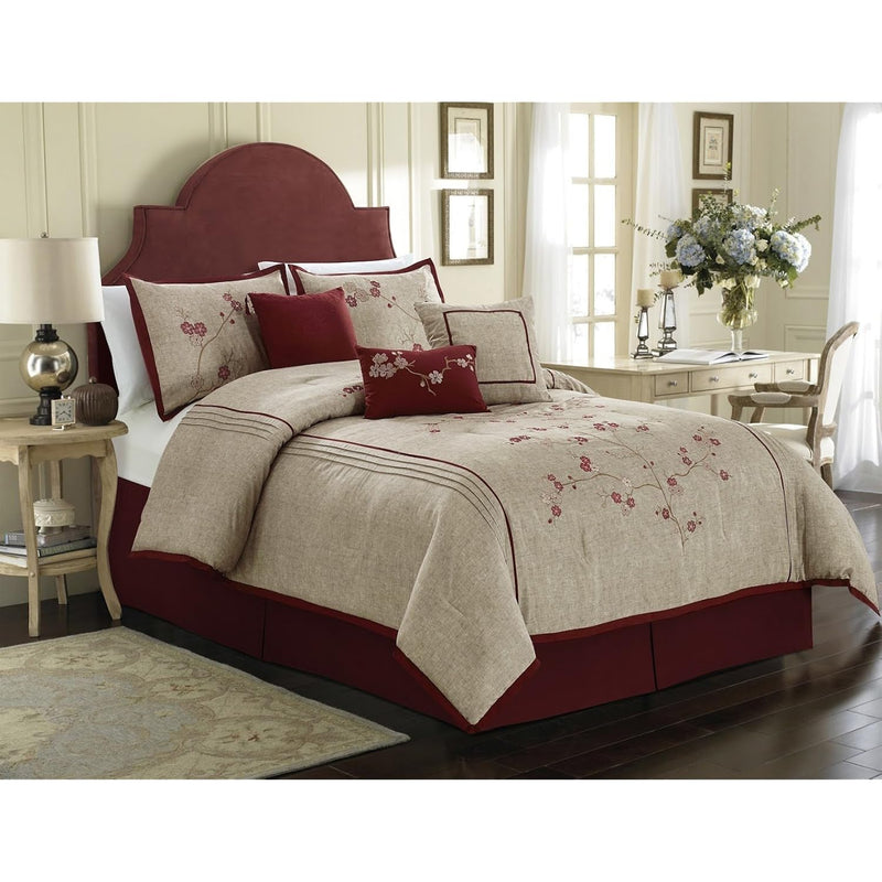 Miki 7-Piece Luxury Floral Red Cherry Blossom Embroidery Comforter Set, King