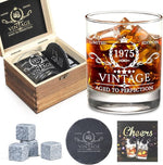50th Birthday Gifts for Men Whiskey Glass Set - 50th Birthday Decorations, Party Supplies - 50 Year Anniversary, Bday Gifts Ideas for Him, Dad, Husband, Friends - Wood Box & Whiskey Stones & Coaster