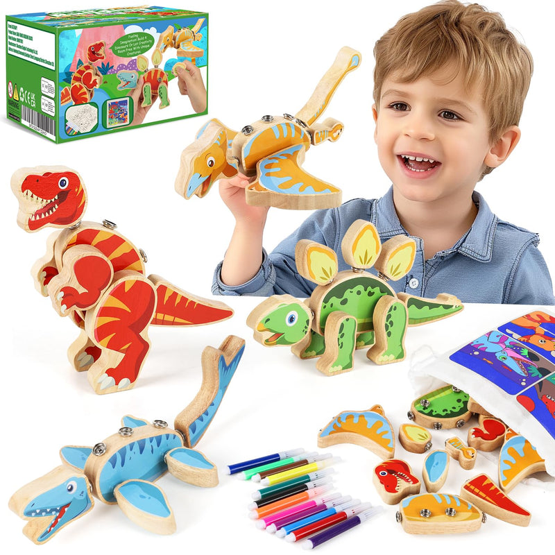 Dinosaur Wooden Toys,Snap On Dino Together Building Blocks,Take Apart Plays
