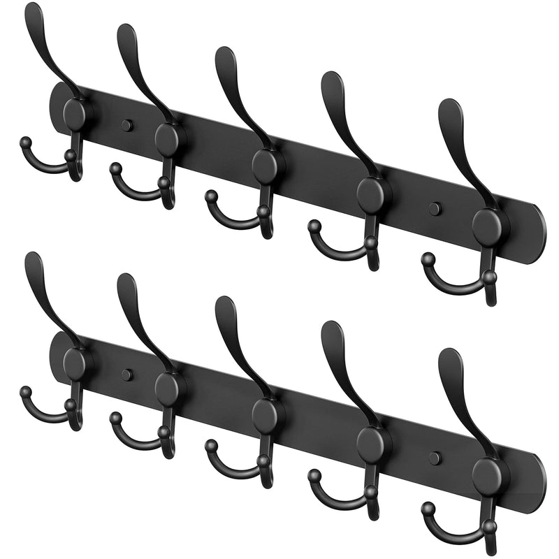 Black Coat Rack Wall Mount With 5 Tri Hooks For Hanging – 16 Inch Heavy Duty Sta