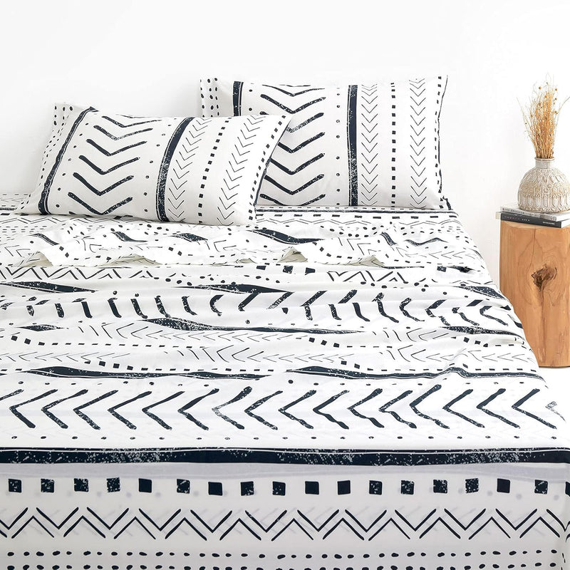- Aztec Sheet Set, 100% Cotton Bedding, Black And White Geometric Modern Patte
