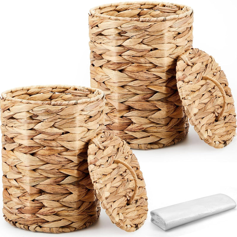 2 Pcs Wicker Trash Can Basket Woven Waste Basket With Lid Bathroom Wastebasket G