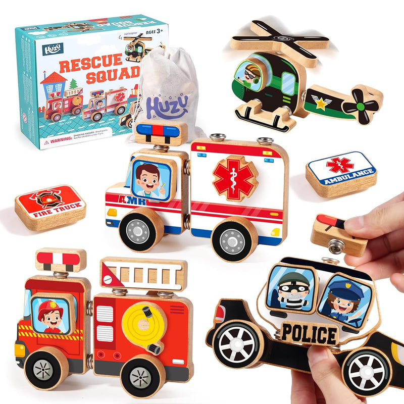 Emergency Vehicle 3D Car Puzzle Wooden Toy, Snap Button Connect Building Bl