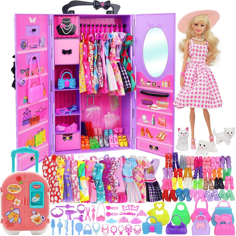 83 Pcs Dolls & Accessories With Doll Closet Wardrobe For 11.5 Inch Doll Dre