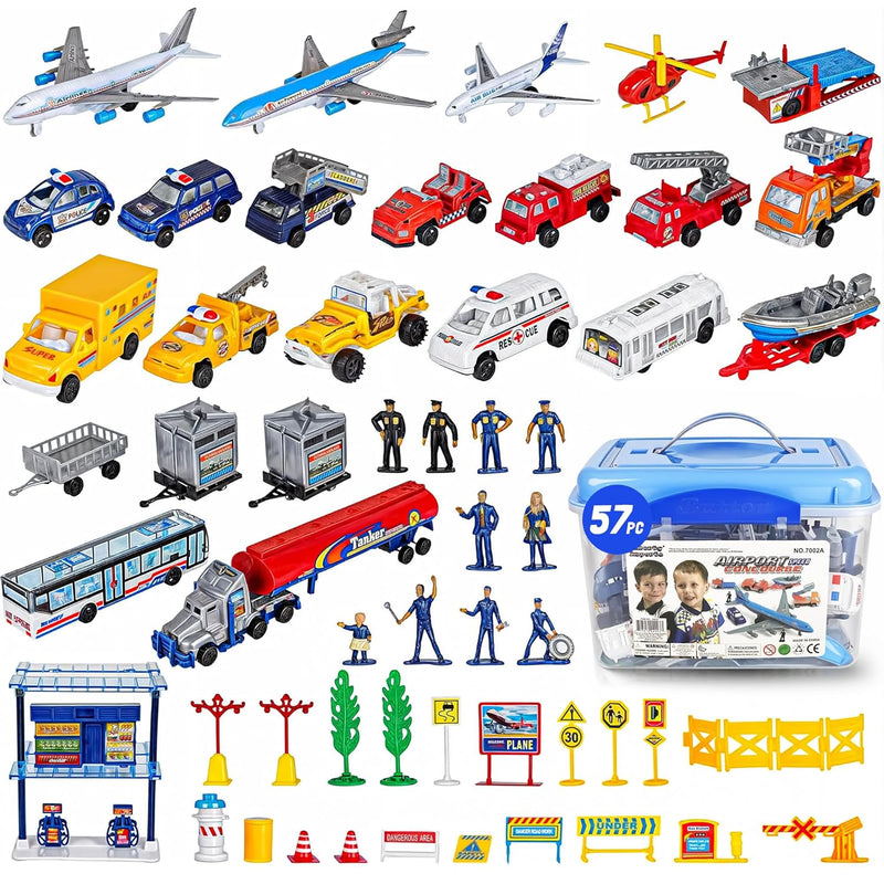 57 PCS Commercial Airport Playset with Airplane Toys, Play Vehicles, Fire T