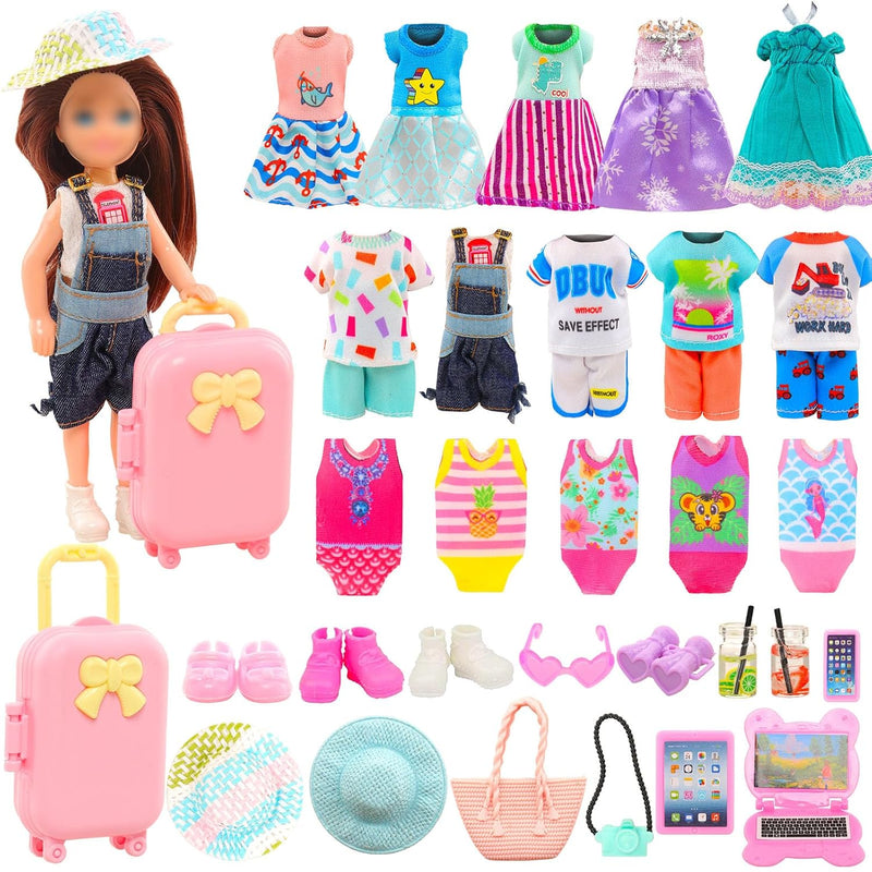 25 Pcs 5.3 Inch Doll Clothes Suitcase Accessories 4 Dresses 3 Tops And Pant
