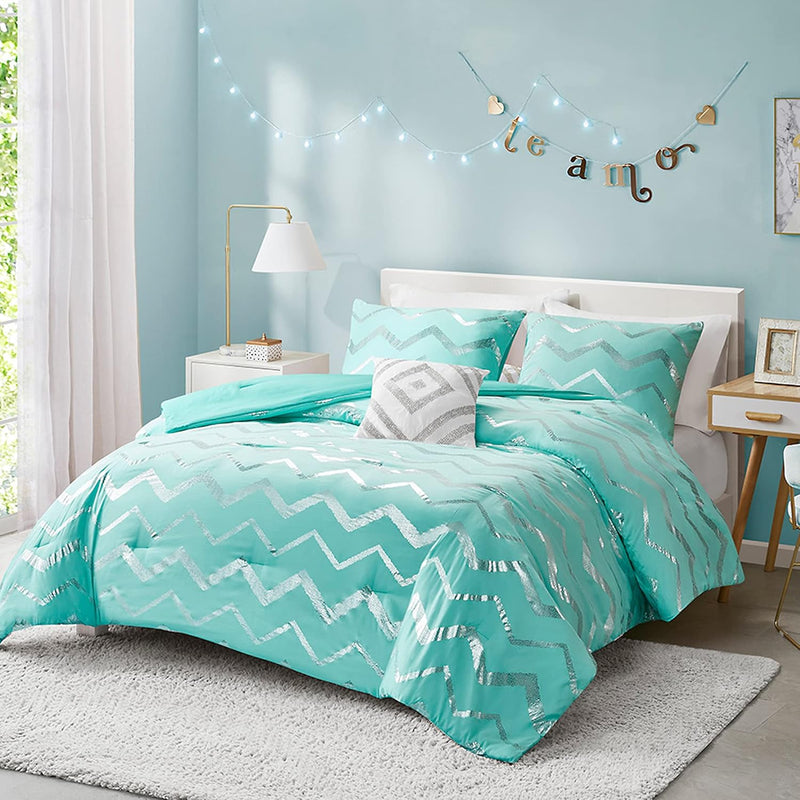 Metallic Teal And Silver Comforter Set , Full / Queen Size, Cute Aqua Turquois