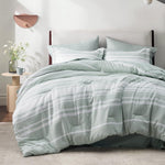 Bed In A Bag Full Size 7 Pieces, Sage Green White Striped Bedding Comforter Sets All Season Bed Set, 2 Pillow Shams, Flat Sheet, Fitted Sheet And 2 Pillowcases